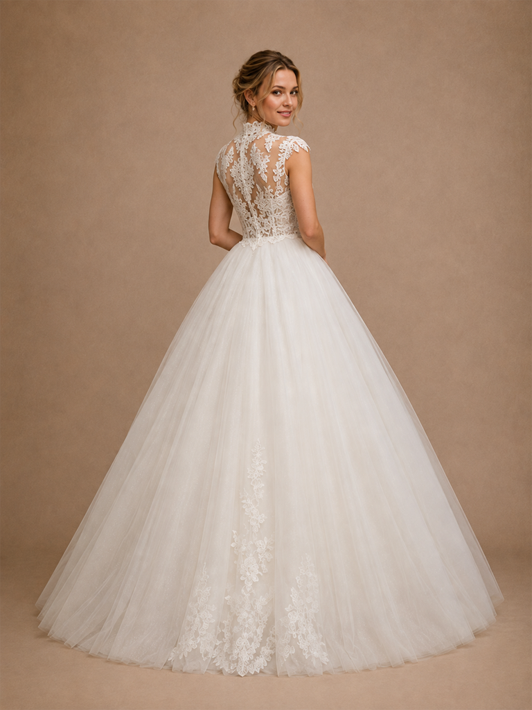 ChicSew Elegant High Neck Cap Sleeves Tulle Lace Appliques A-Line Maxi Wedding Dress