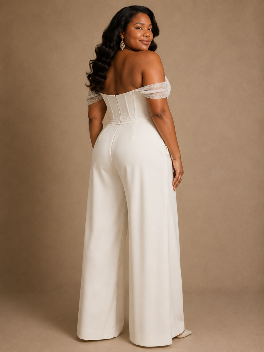 ChicSew Modern Off The Shoulder Boning Crepe Lace Appliques Long Wedding Jumpsuit