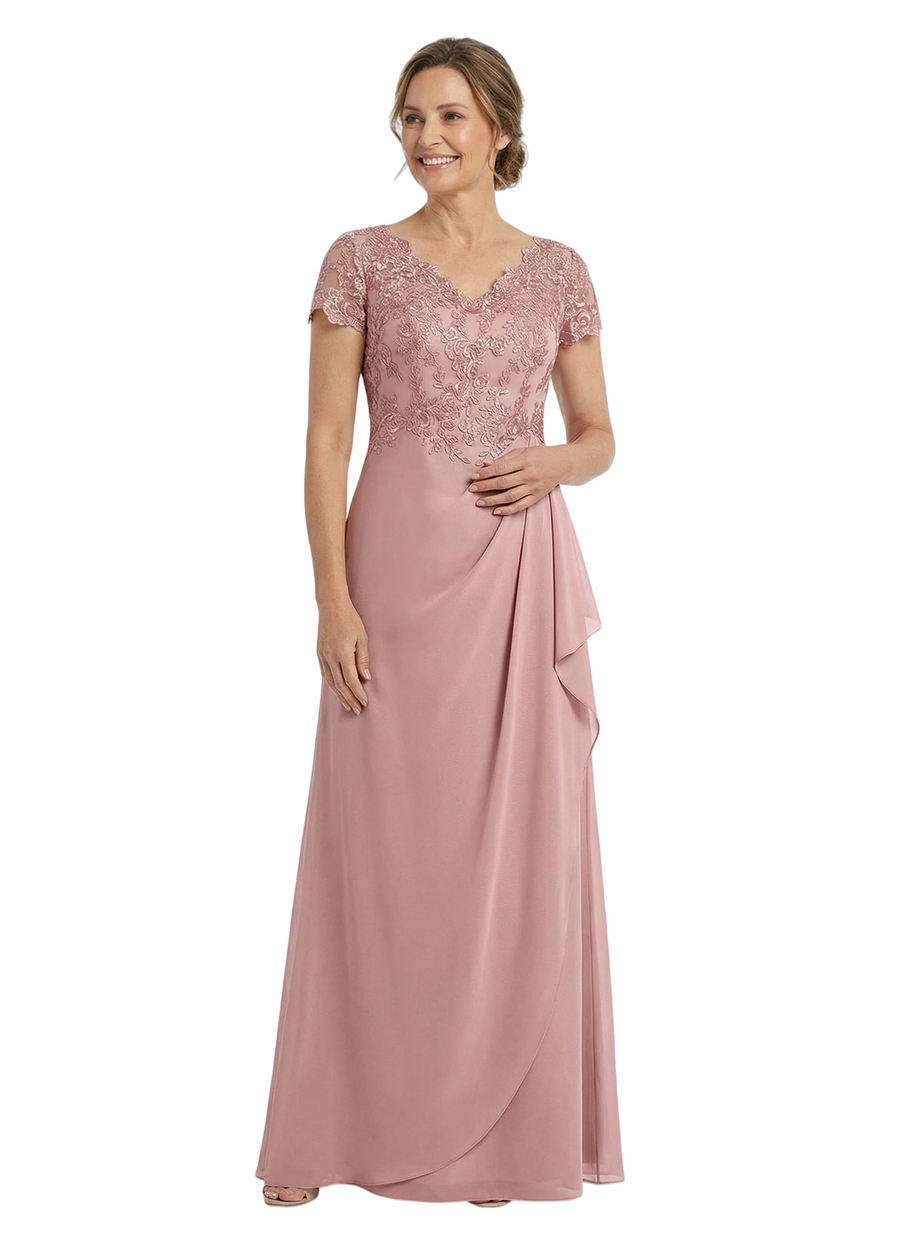 Chicsew V-Neck Short Sleeve Lace Satin Ruched Ruffle Detail Floor Length Elegant Mother of the Bride Dresses