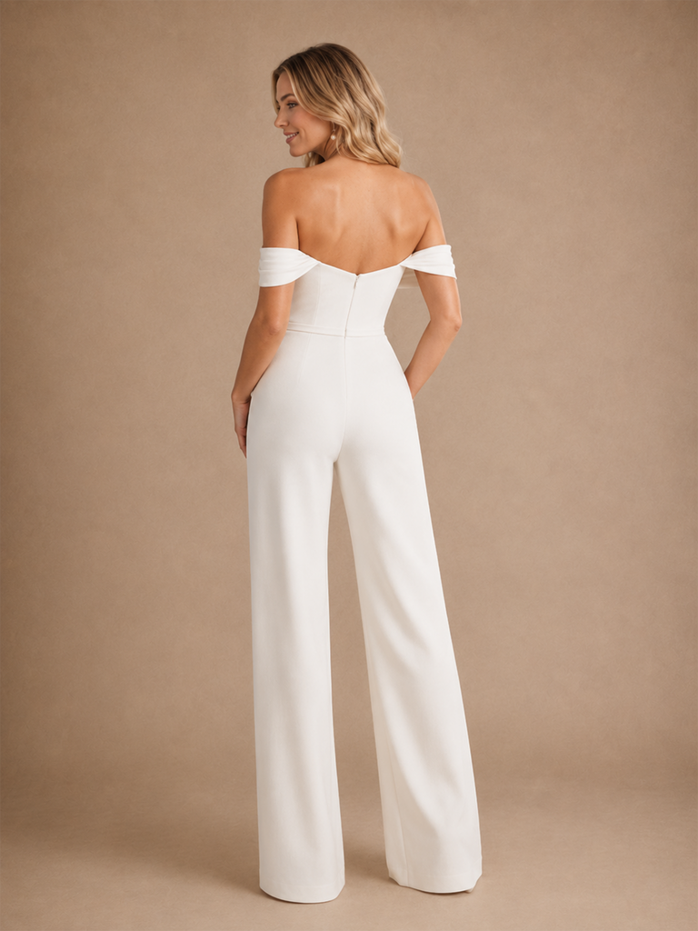 ChicSew Modern Off The Shoulder Sleeveless Crepe Floor-Length Wedding Jumpsuit
