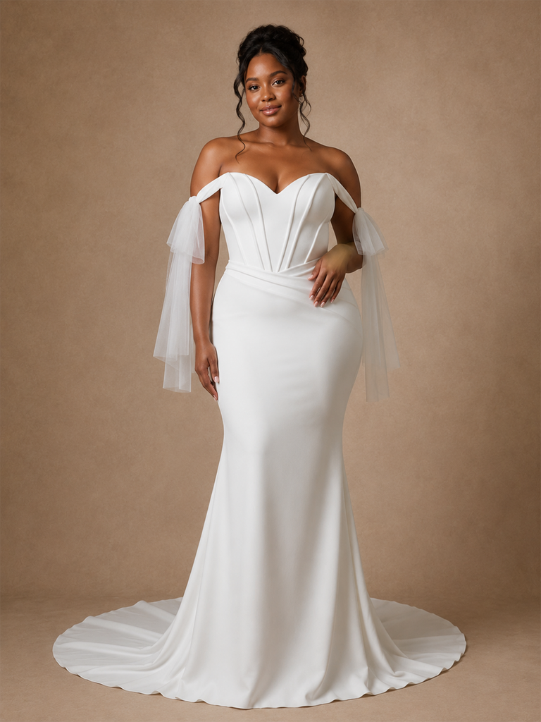 ChicSew Elegant Off The Shoulder Boning Mermaid Crepe Floor-Length Wedding Dress