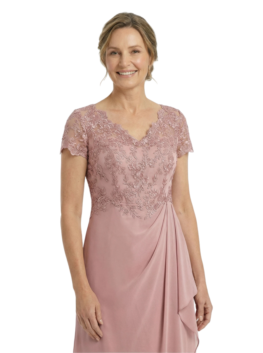 Chicsew V-Neck Short Sleeve Lace Satin Ruched Ruffle Detail Floor Length Elegant Mother of the Bride Dresses