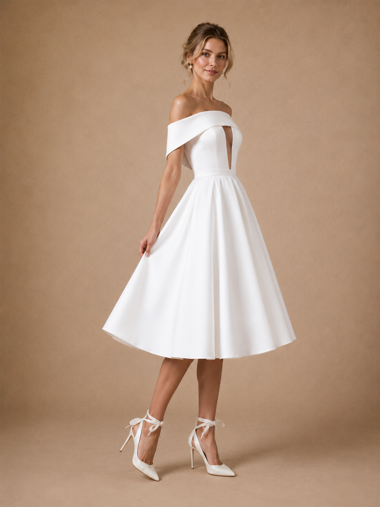Chicsew Fancy Off The Shoulder Sleeveless A-Line Tea-Length Crepe Wedding Dress