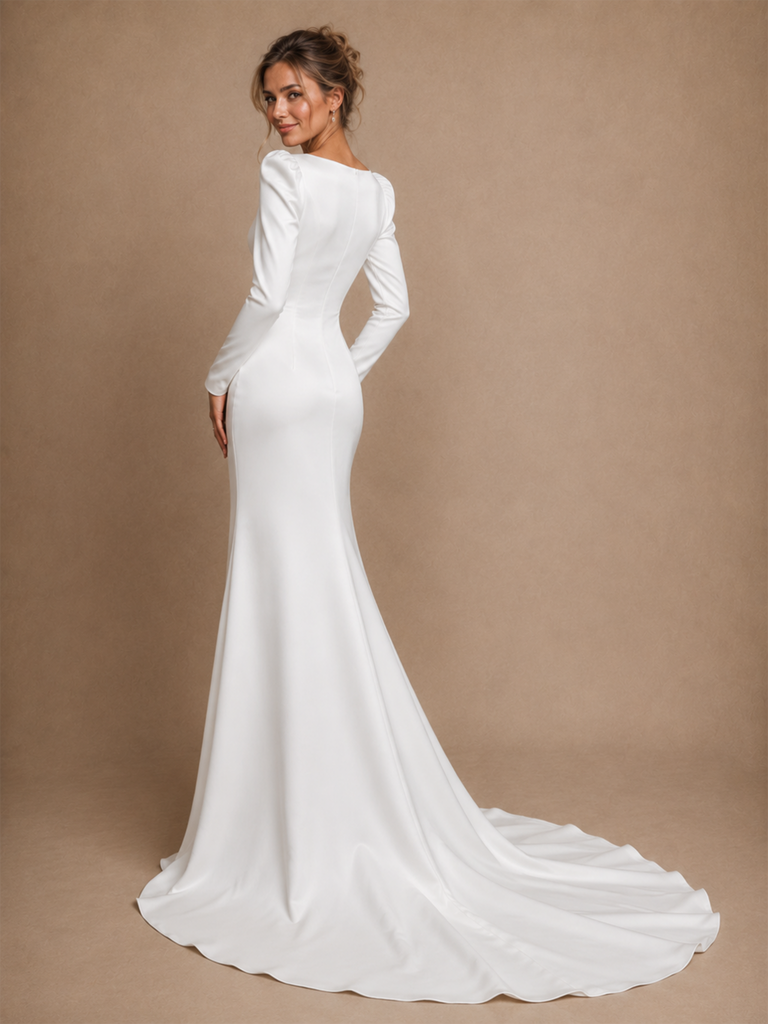 ChicSew Classy Mermaid Satin Jewel Long Sleeves Floor-Length Wedding Dress