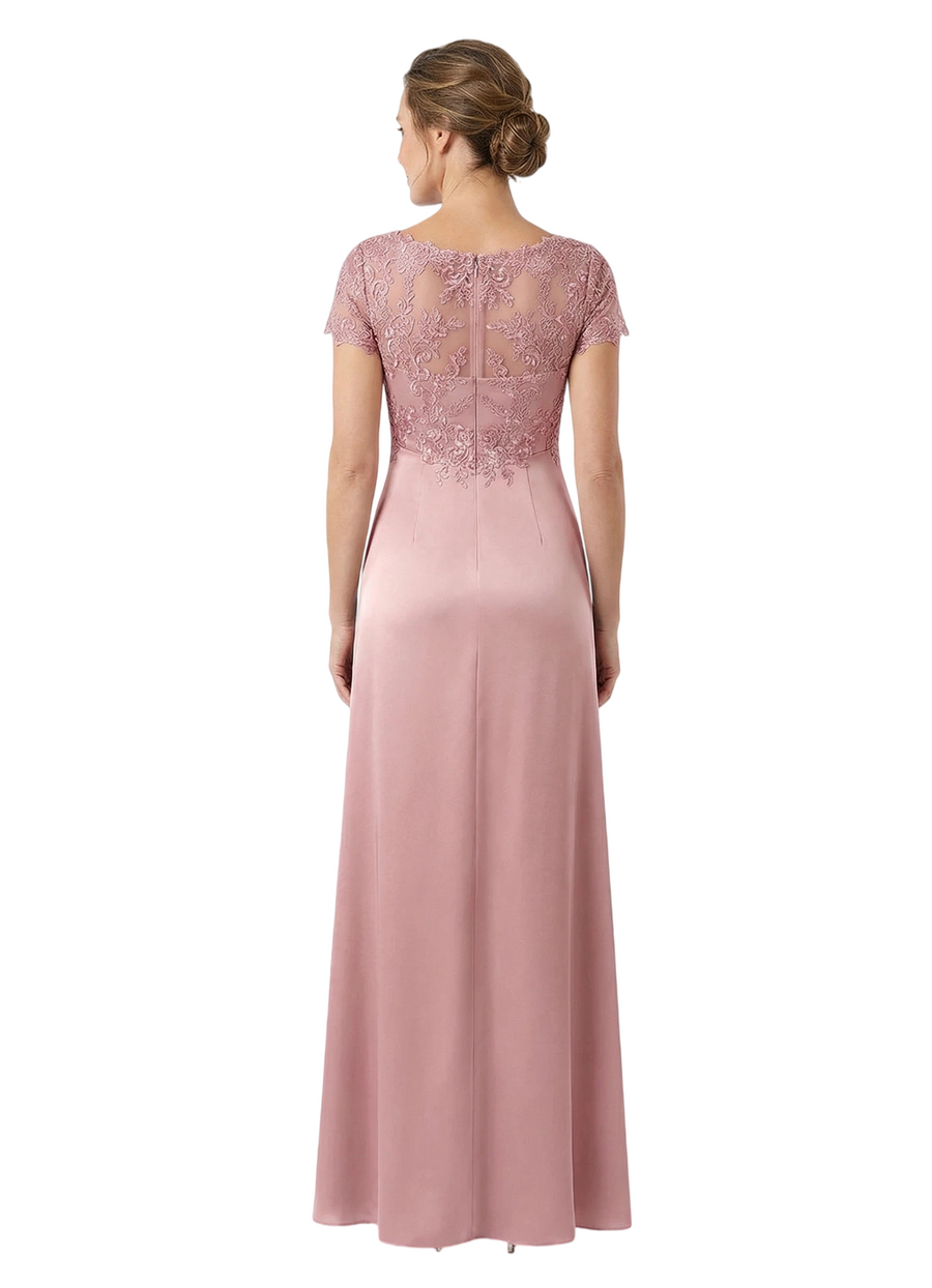 Chicsew V-Neck Short Sleeve Lace Satin Ruched Ruffle Detail Floor Length Elegant Mother of the Bride Dresses