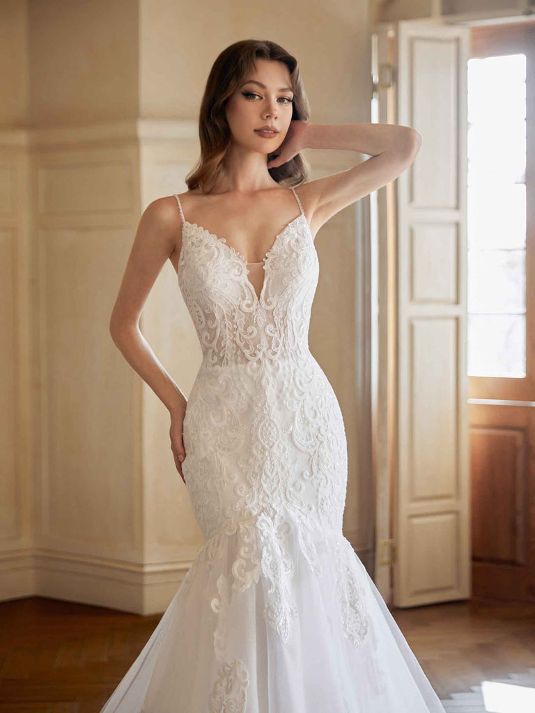 spaghetti strap v neck mermaid wedding dress GL2934