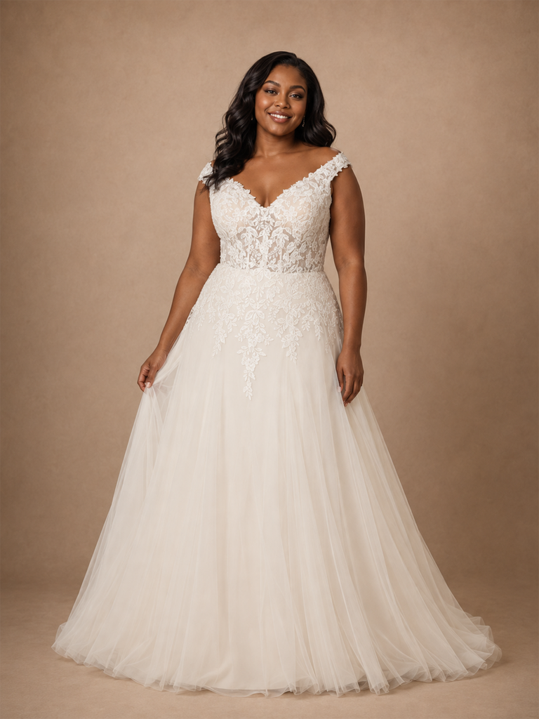 ChicSew Romantic V-Neck Off The Shoulder A-Line Lace Appliques Tulle Maxi Wedding Dress