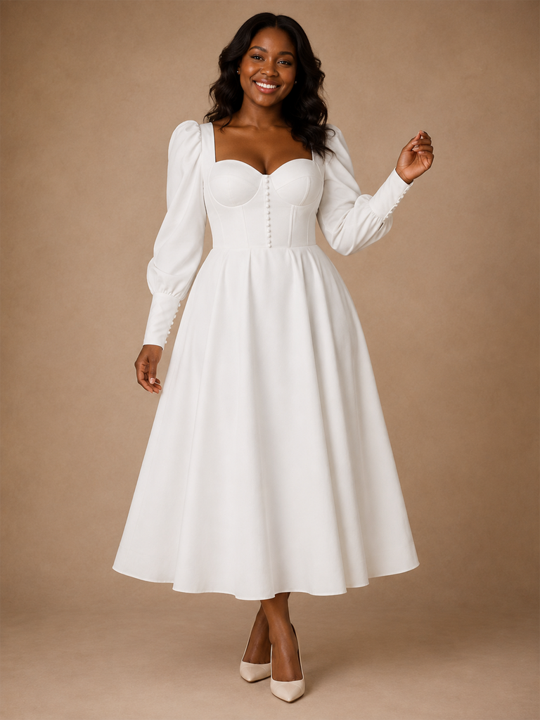 ChicSew Crepe Long Sleeves A-Line Ankle-Length Wedding Dress With Button