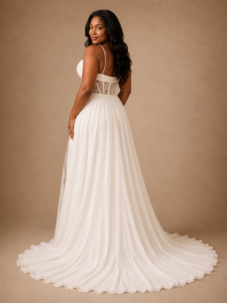 ChicSew Classy Spaghetti Straps Lace Applique Chiffon Side Slit A-Line Long Wedding Dress With Pleats