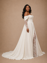 ChicSew Fancy Crepe Off The Shoulder A-Line Side Slit Long Wedding Dress With Lace Applique