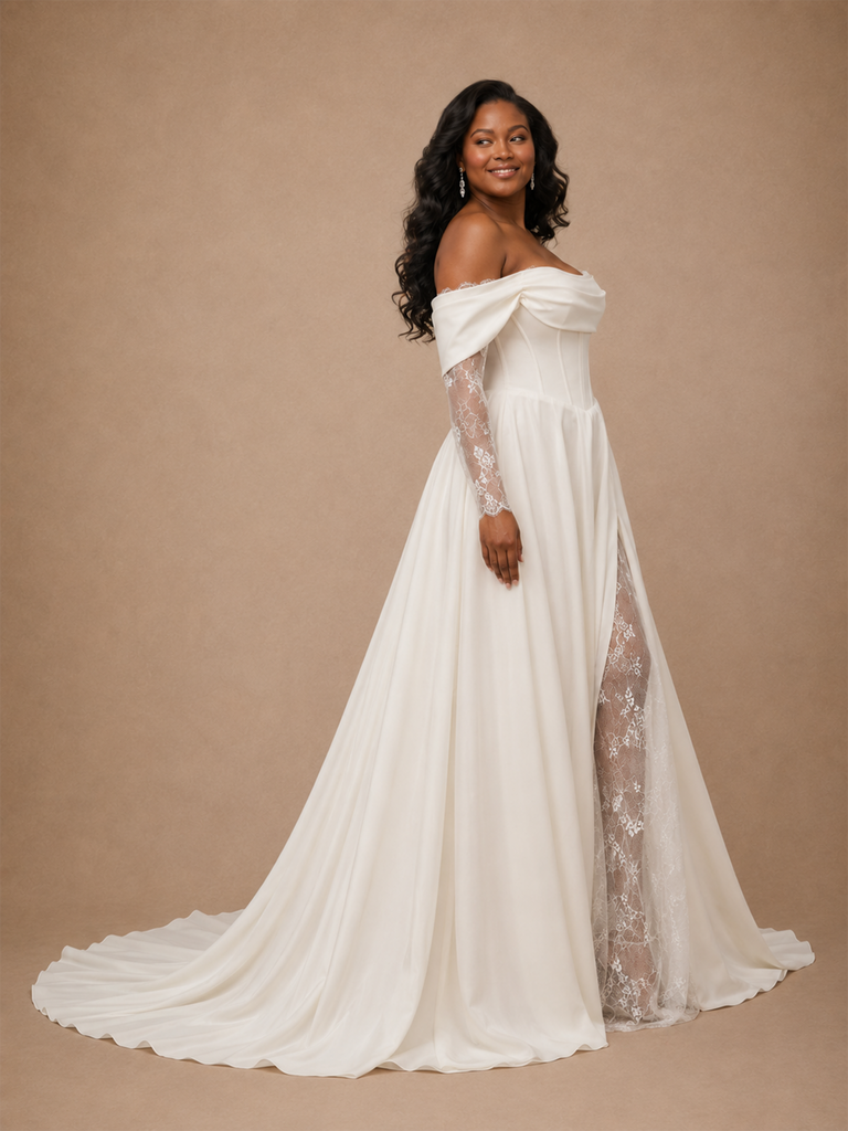 ChicSew Fancy Crepe Off The Shoulder A-Line Side Slit Long Wedding Dress With Lace Applique