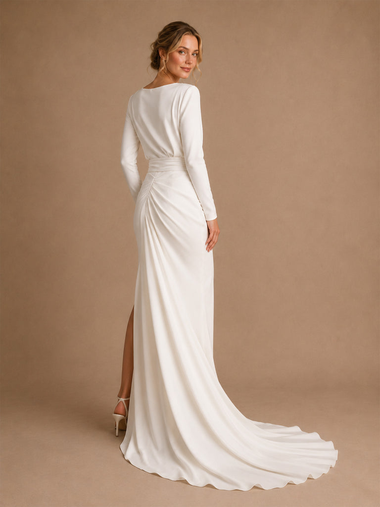 ChicSew Elegant Classy Mermaid Jewel Long Sleeves Crepe Ruched Side Slit Long Wedding Dress