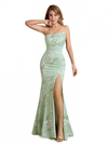 Elegant Strapless Side Slit Mermaid Long Satin Floral Formal Dresses For Women