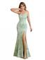 Elegant Strapless Side Slit Mermaid Long Satin Floral Formal Dresses For Women