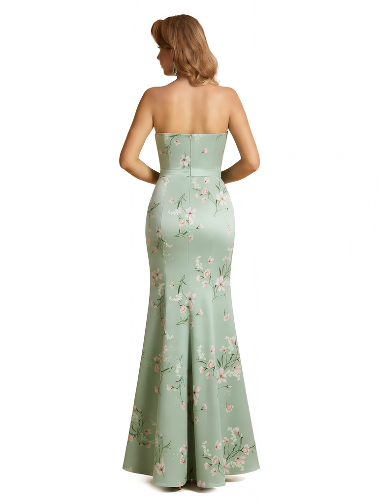 Elegant Strapless Side Slit Mermaid Long Satin Floral Formal Dresses For Women