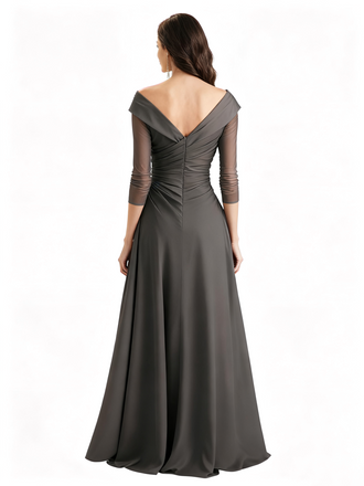 Elegant Chiffon A-Line V-Neck 3/4 Sleeves Floor Length Bridal Mother Of The Bride Dresses