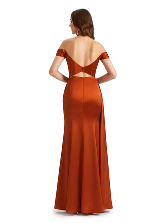 Sexy Off The Shoulder Mermaid Side Slit Silky Satin Floor Length Formal Evening Dresses