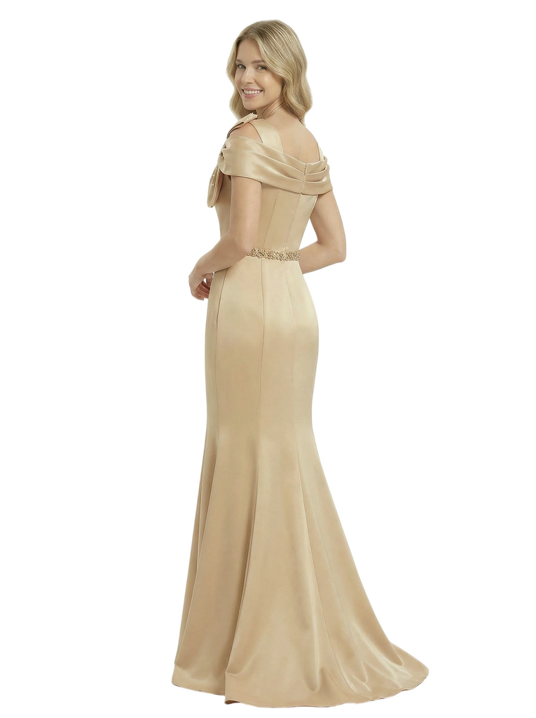 Chicsew Mother of Groom Dress Pretty Off Shoulder Satin Mermaid Gown Classy Beaded Waist