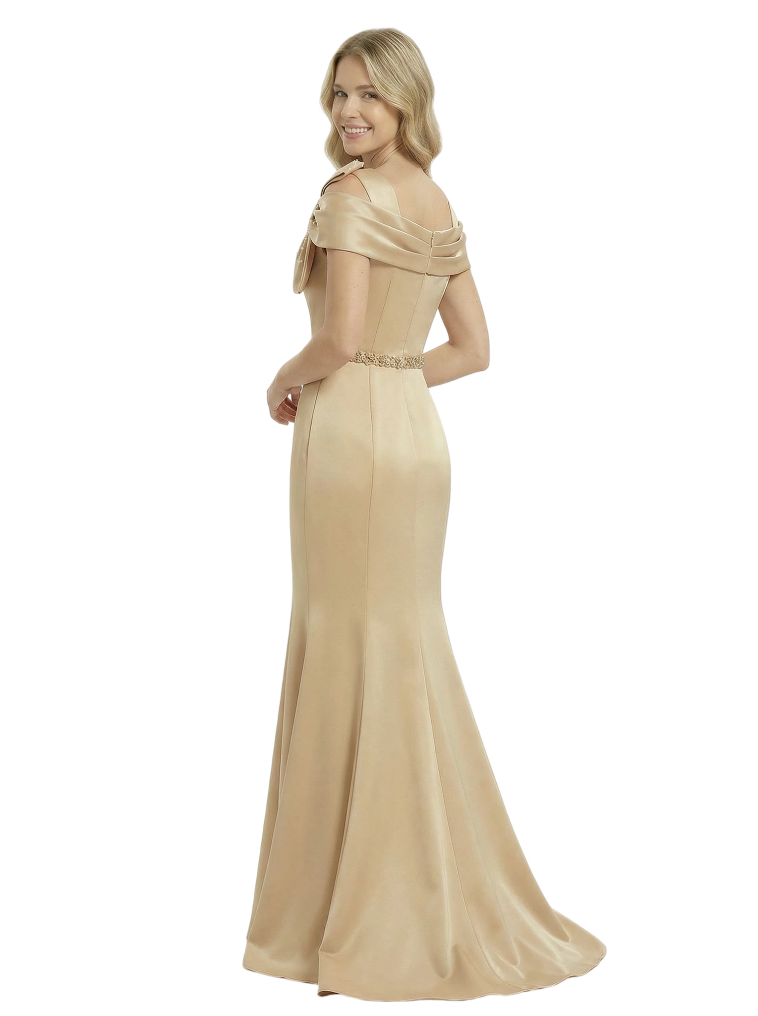 Chicsew Mother of Groom Dress Pretty Off Shoulder Satin Mermaid Gown Classy Beaded Waist