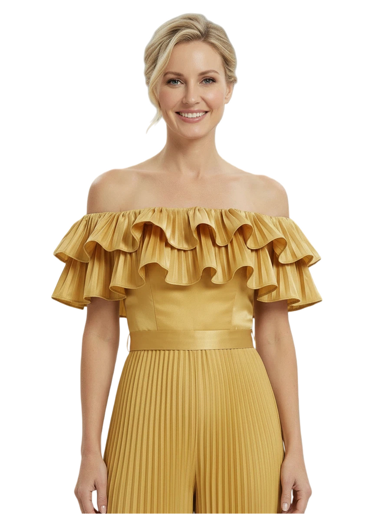 Chicsew Mother of Bride Jumpsuit Fancy Ruffled Satin Wide Leg Outfit Unique Stylish Design