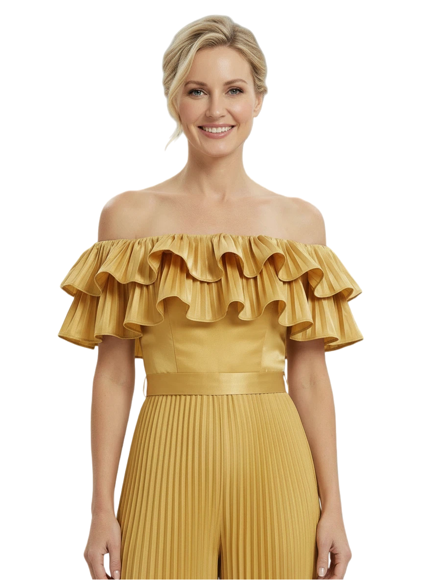 Chicsew Mother of Bride Jumpsuit Fancy Ruffled Satin Wide Leg Outfit Unique Stylish Design