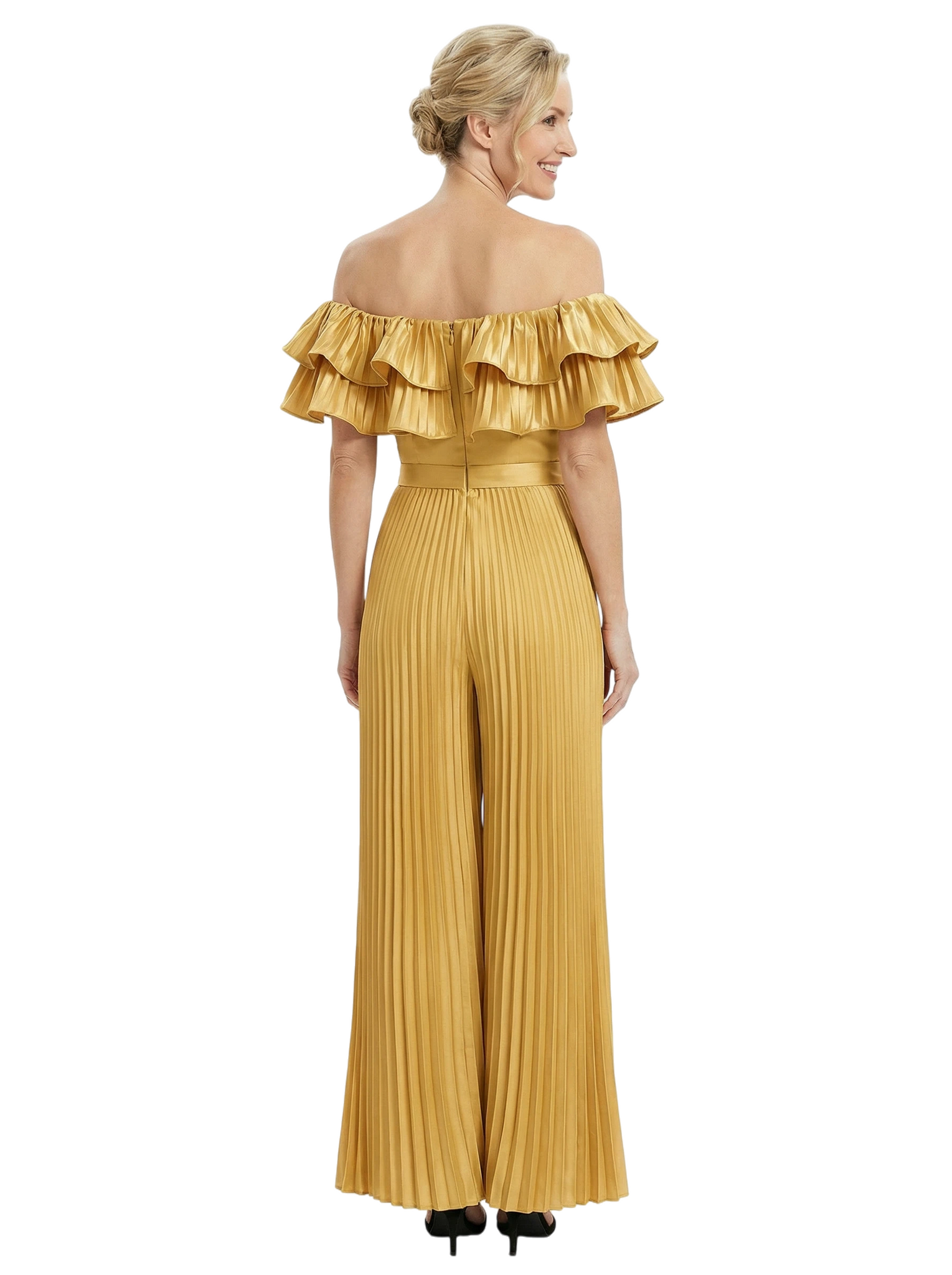 Chicsew Mother of Bride Jumpsuit Fancy Ruffled Satin Wide Leg Outfit Unique Stylish Design