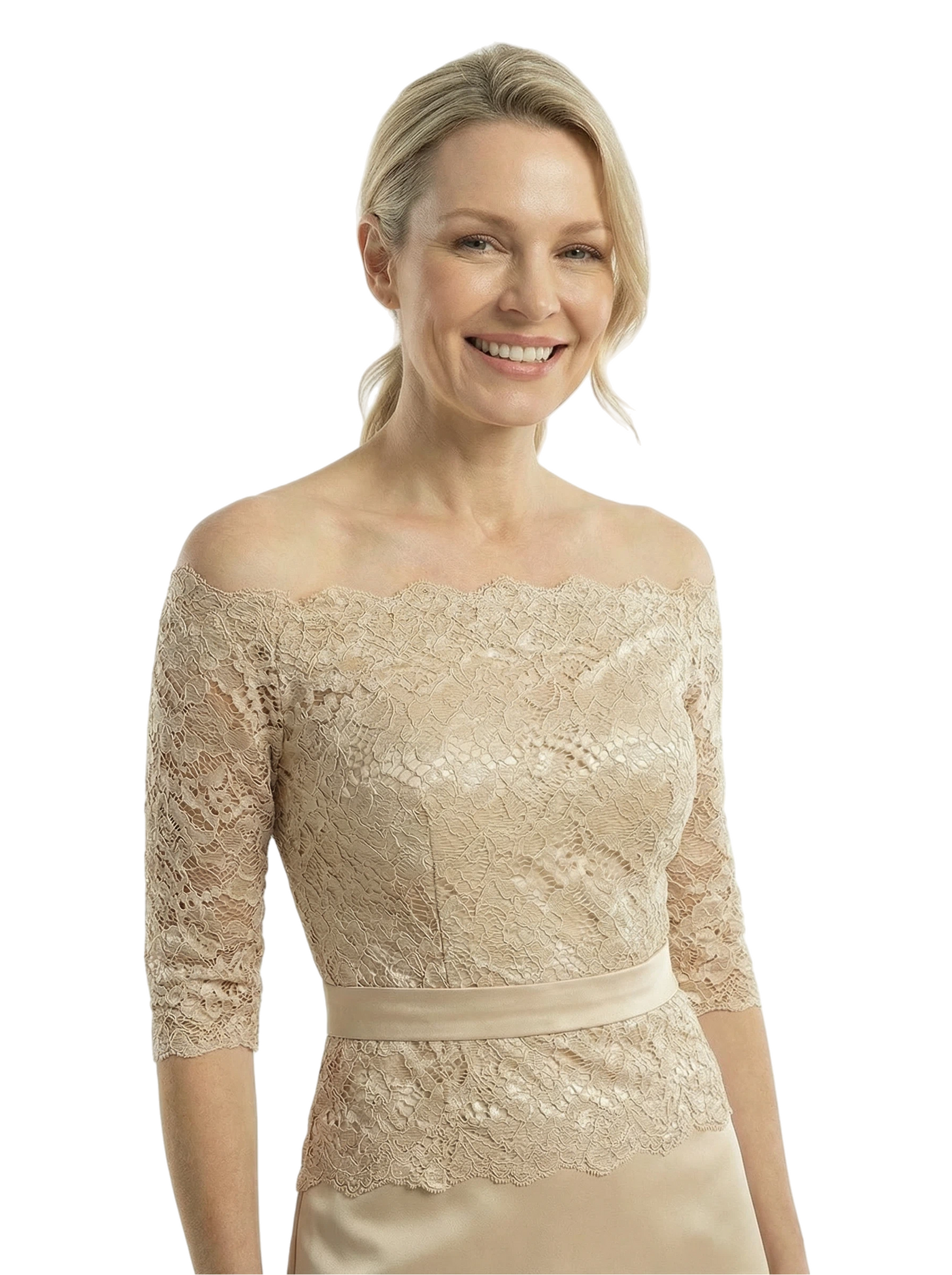 Chicsew Off Shoulder 3/4 Sleeves Mother Of The Bride Dress Maxi Mermaid Satin Gown with Lace Applique