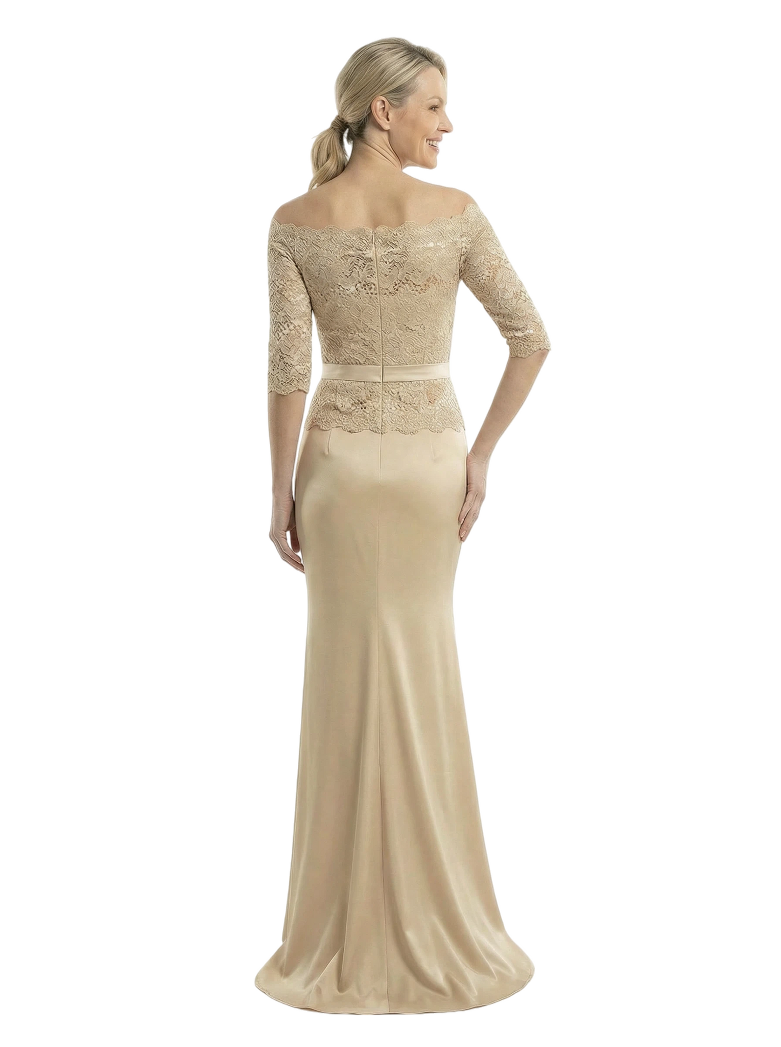 Chicsew Off Shoulder 3/4 Sleeves Mother Of The Bride Dress Maxi Mermaid Satin Gown with Lace Applique