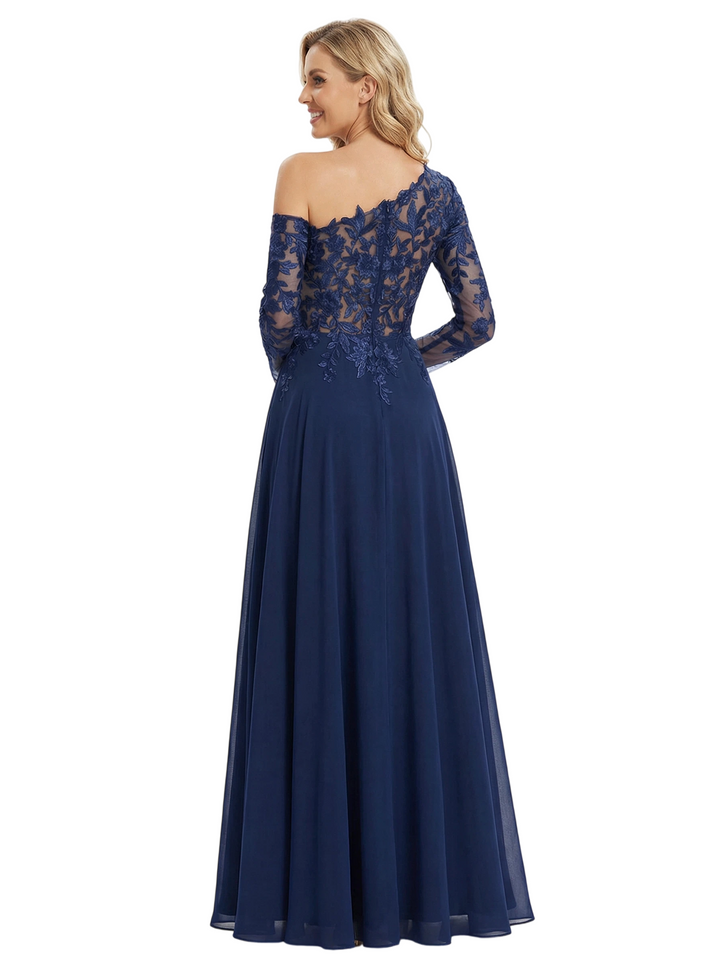 Chicsew Mother Of The Bride Dresses Asymmetric One Shoulder Long Sleeve Lace Chiffon Maxi Gown