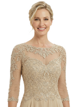 Chicsew Mother of The Bride Dresses Scoop Long Sleeve Lace Chiffon Maxi Gown Pretty Embroidered Formal Wedding Event Attire