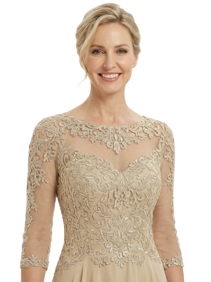 Chicsew Mother of The Bride Dresses Scoop Long Sleeve Lace Chiffon Maxi Gown Pretty Embroidered Formal Wedding Event Attire
