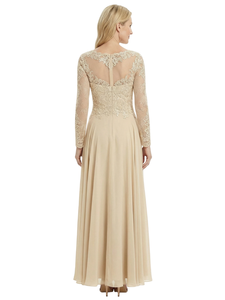 Chicsew Mother of The Bride Dresses Scoop Long Sleeve Lace Chiffon Maxi Gown Pretty Embroidered Formal Wedding Event Attire