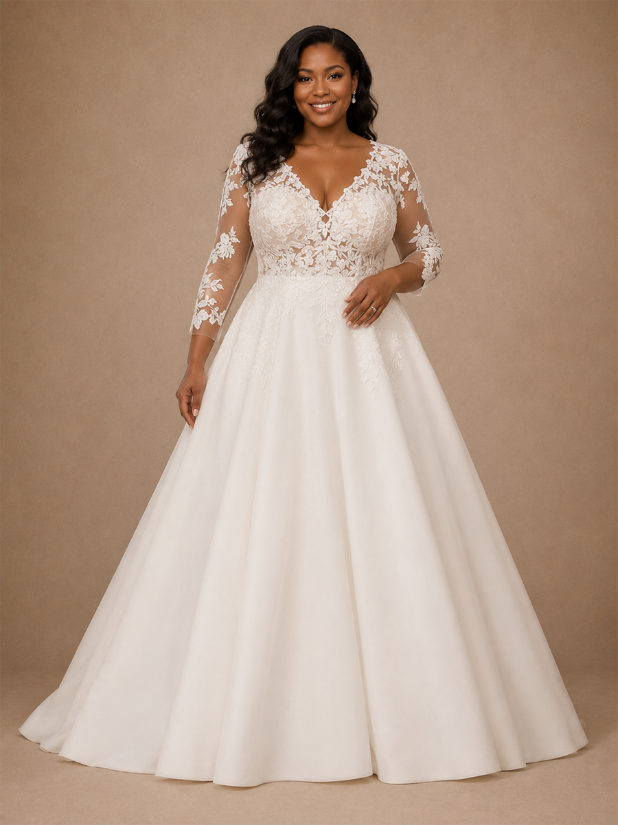 ChicSew Elegant V-Neck Long Sleeves A-Line Lace Appliques Crepe Maxi Wedding Dress
