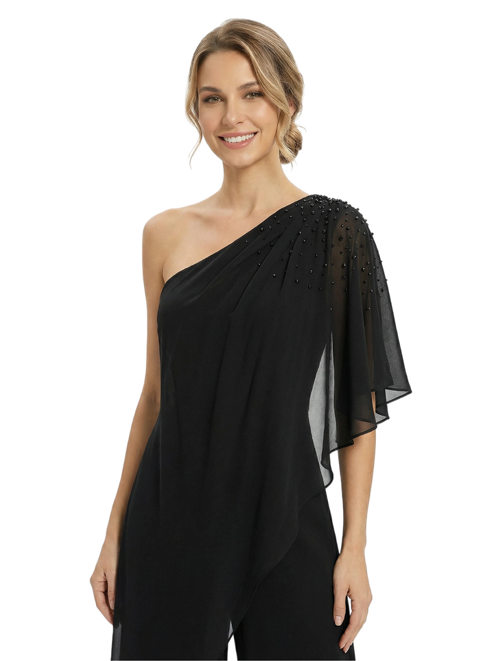 Chicsew Mother of Groom Jumpsuit Unique Beaded Short Sleeve Chiffon Wide Leg Classy Outfit