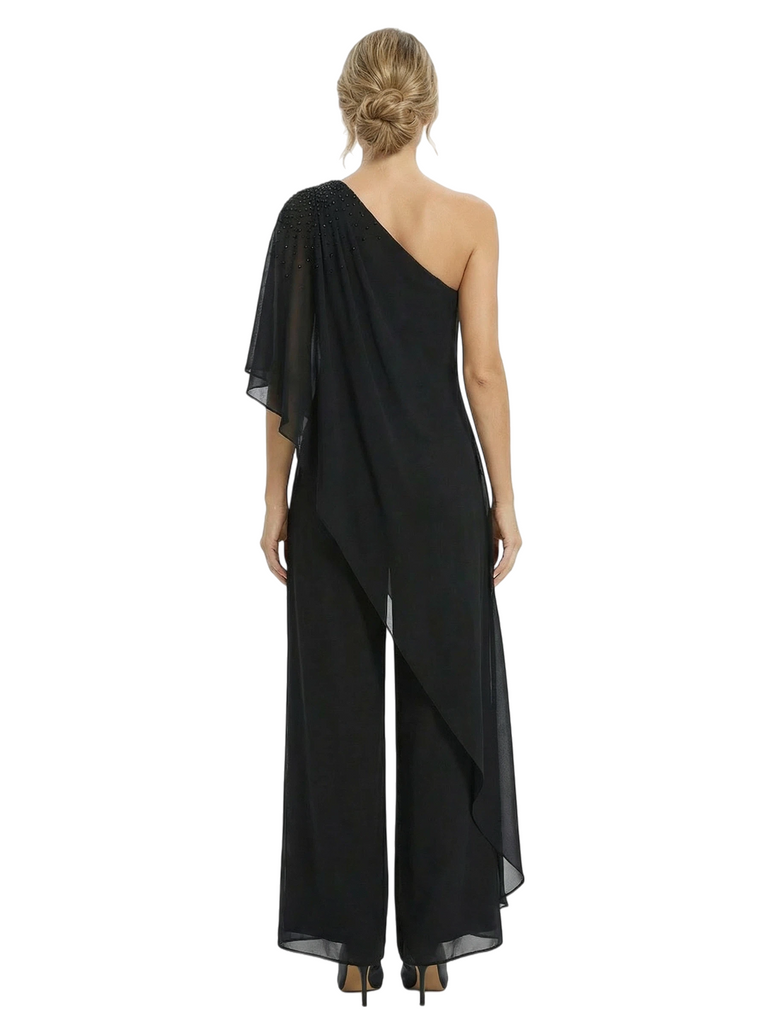 Chicsew Mother of Groom Jumpsuit Unique Beaded Short Sleeve Chiffon Wide Leg Classy Outfit