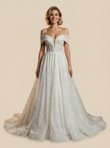 Sparkly A-Line Off Shoulder Maxi Long Sequin Wedding Dresses Online