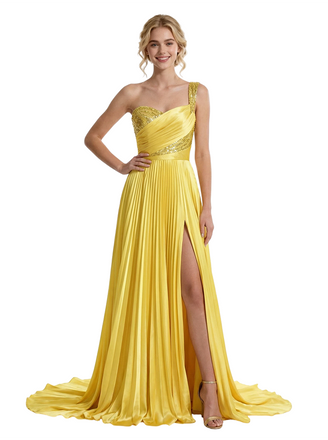Modern Pleated Satin One Shoulder Side Slit A-Line Long Party Prom Dresses
