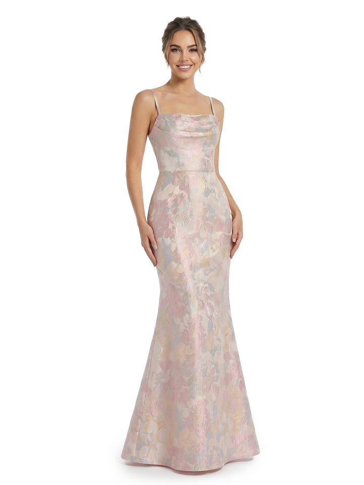 ChicSew Elegant Jacquard Satin Spaghetti Straps Mermaid Lace Up Back Long Evening Dresses