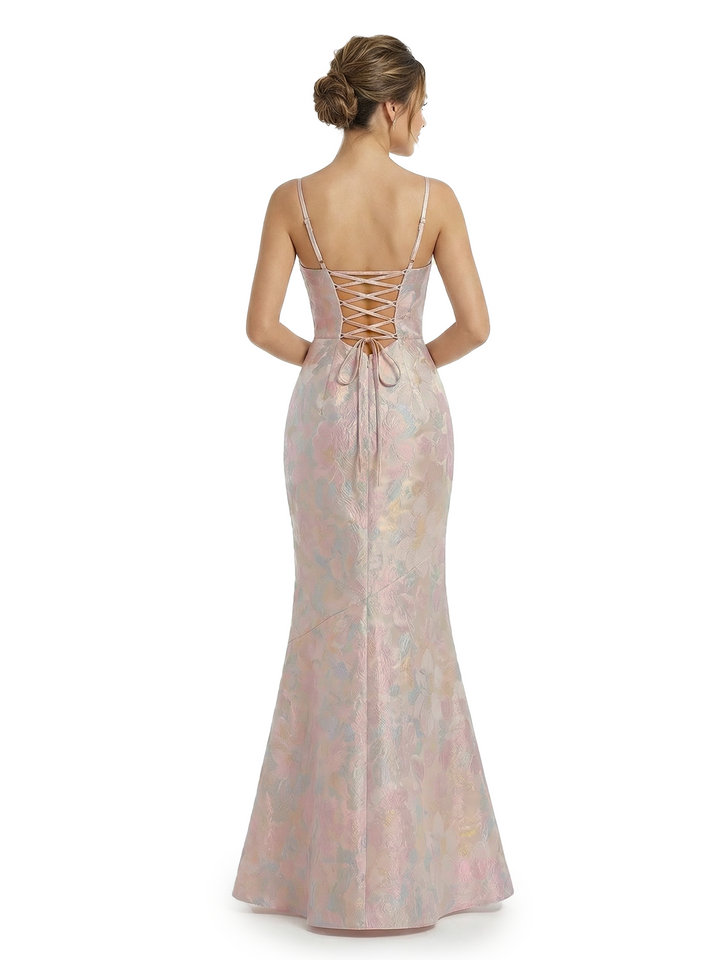 ChicSew Elegant Jacquard Satin Spaghetti Straps Mermaid Lace Up Back Long Evening Dresses