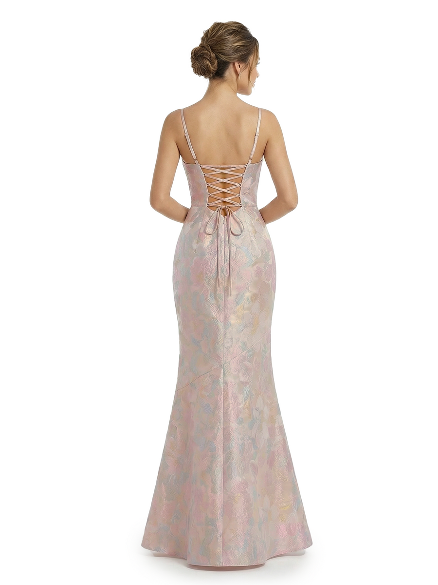 ChicSew Elegant Jacquard Satin Spaghetti Straps Mermaid Lace Up Back Long Evening Dresses