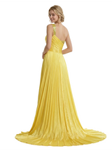 Modern Pleated Satin One Shoulder Side Slit A-Line Long Party Prom Dresses