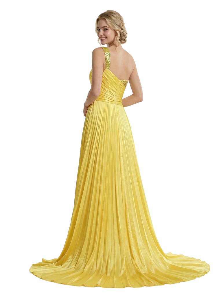 Modern Pleated Satin One Shoulder Side Slit A-Line Long Party Prom Dresses
