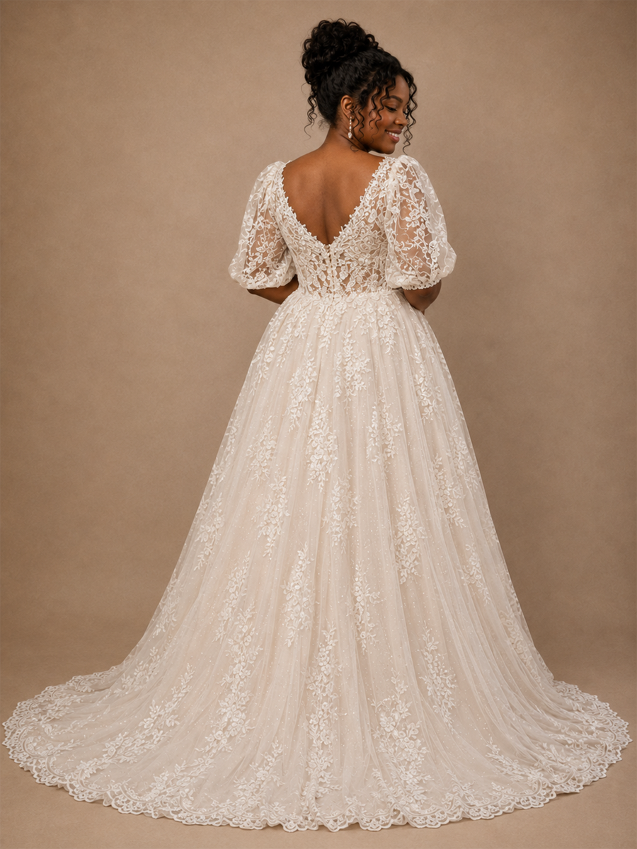 ChicSew Classy Elegant Half Sleeves V-Neck A-Line Lace Tulle Maxi Long Wedding Dress