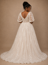 ChicSew Classy Elegant Half Sleeves V-Neck A-Line Lace Tulle Maxi Long Wedding Dress