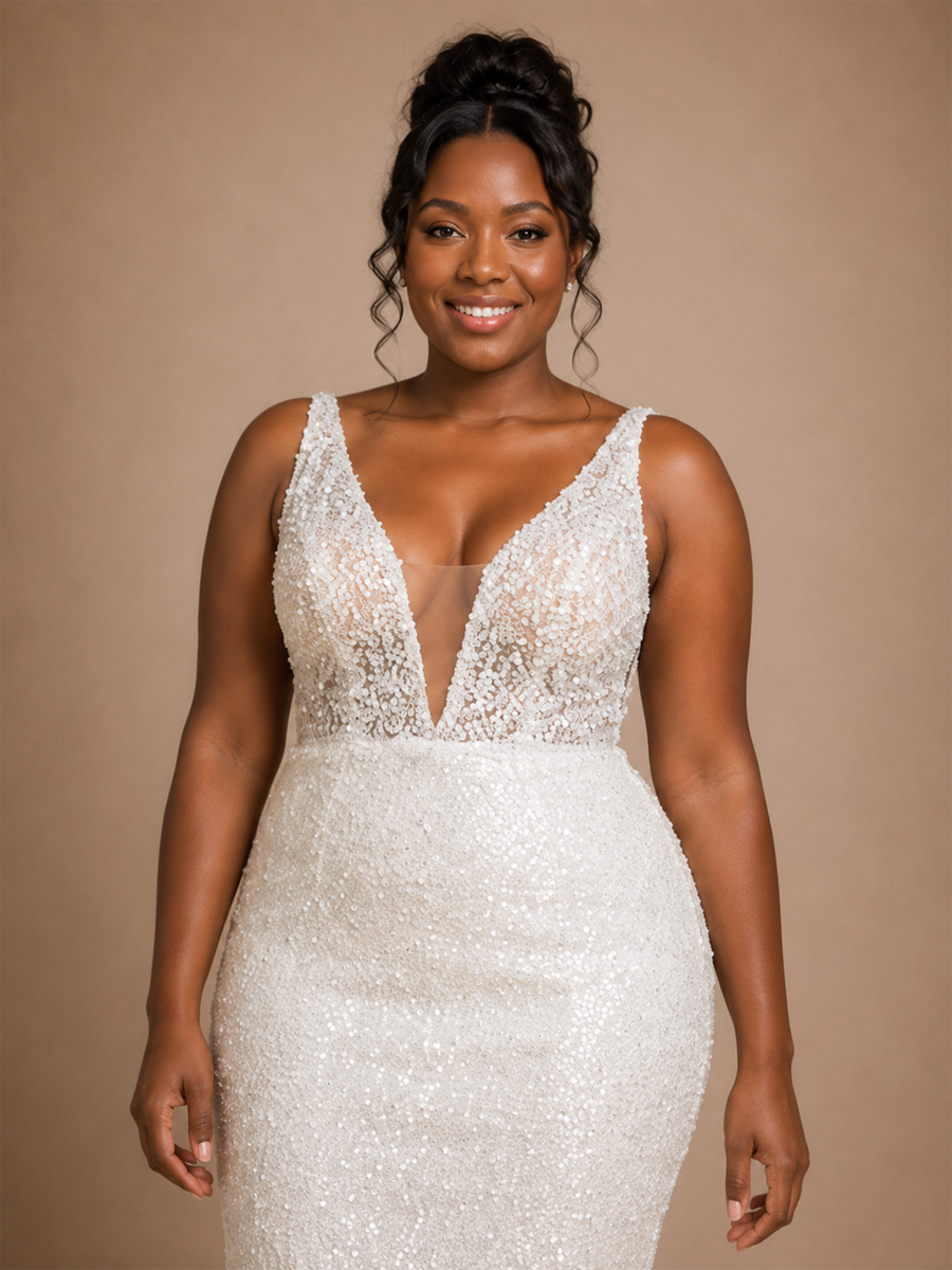 ChicSew Elegant V-Neck Spaghetti Straps Mermaid Sequin Floor-Length Wedding Dress