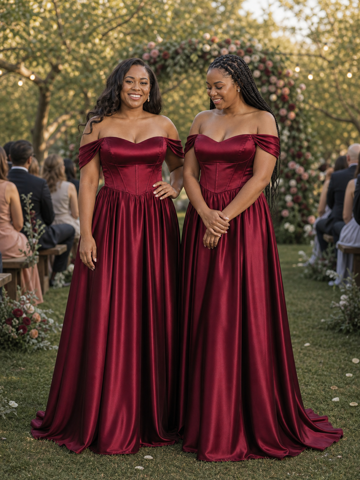 ChicSew Elegant Off Shoulder Boning A-Line Soft Satin Floor-Length Bridesmaid Dresses