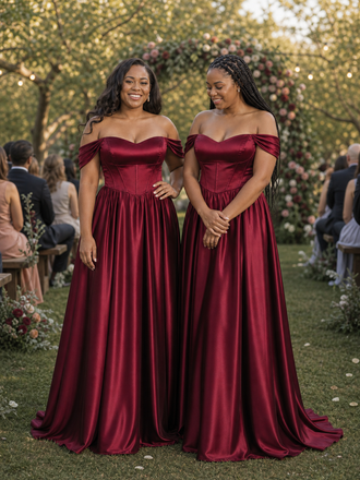 ChicSew Elegant Off Shoulder Boning A-Line Soft Satin Floor-Length Bridesmaid Dresses