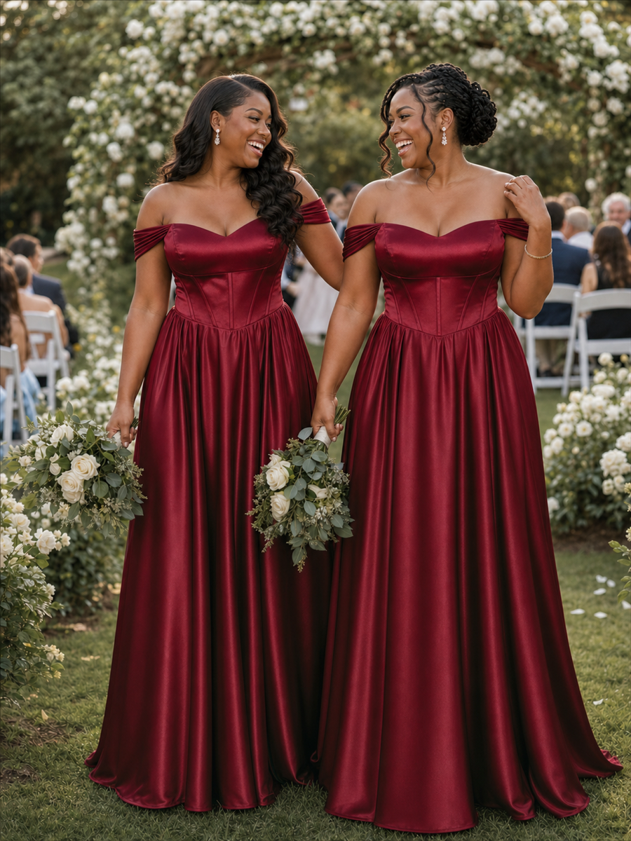 ChicSew Elegant Off Shoulder Boning A-Line Soft Satin Floor-Length Bridesmaid Dresses