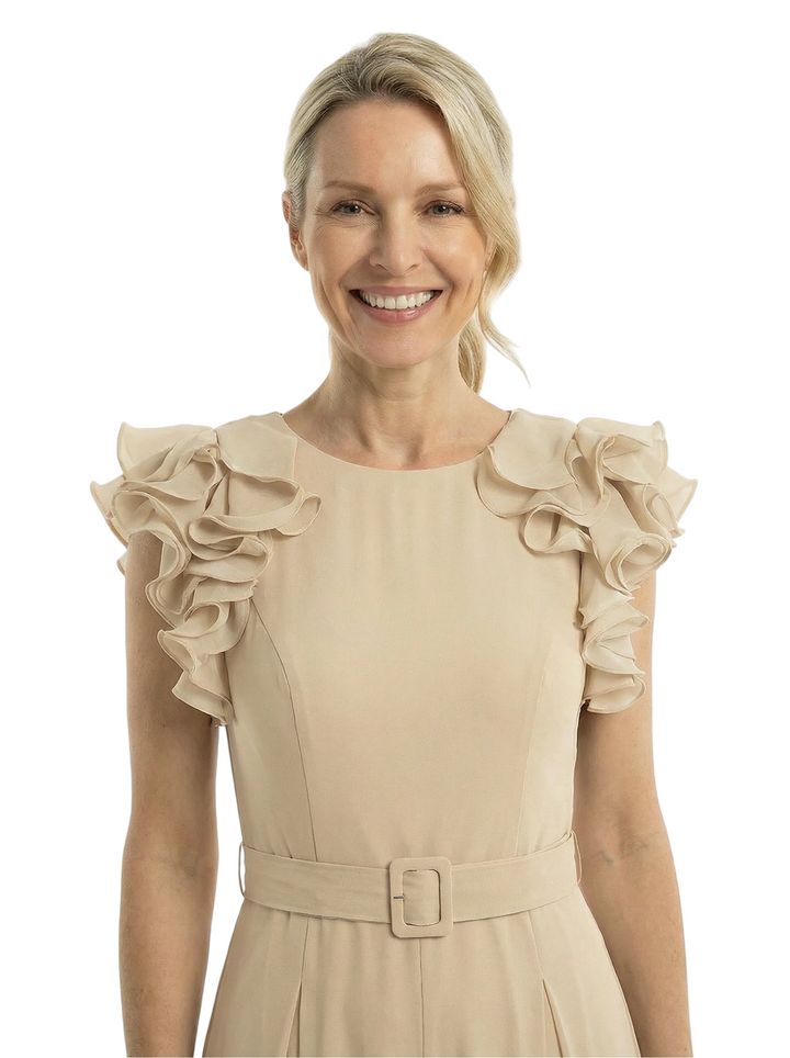 Chicsew Mother of The Bride Jumpsuit Classy Jewel Ruffle Short Sleeve Chiffon Outfit Modern Design