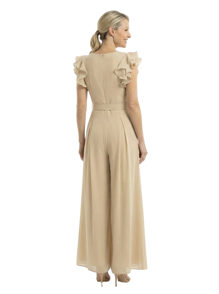 Chicsew Mother of The Bride Jumpsuit Classy Jewel Ruffle Short Sleeve Chiffon Outfit Modern Design